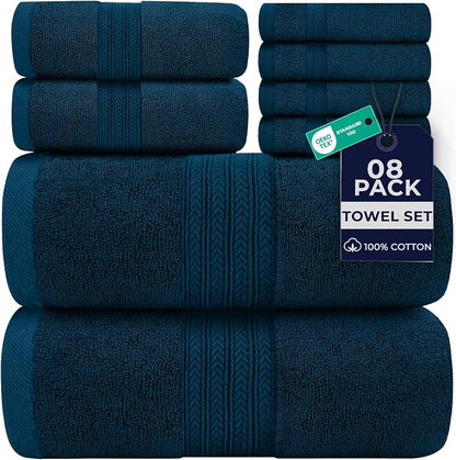 DAN RIVER 8 Piece Luxury Bath Towels for Bathroom, Towel Set, Blue Opal | 2 Bath towels, 2 Hand towels, and 4 Wash Cloths, 600 GSM 100% Ring Spun Cotton, Highly Absorbent, Gym, Hotel, guest, and Spa