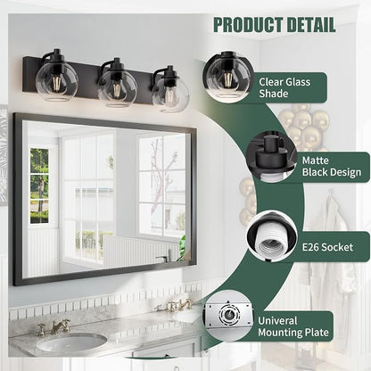 Bathroom Light Fixtures-Matte Black Vanity Lights for Bathroom, Modern Black Vanity Lights 3-Light Bathrooms Lighting Fixtures Over Mirror with Clear Glass Shade