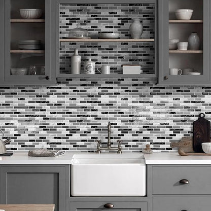 URCOLOR 10-Sheet Peel and Stick Backsplash Tile for Kitchen - 12”×12” Stick on Wall Tile for Bathroom, Black White Grey