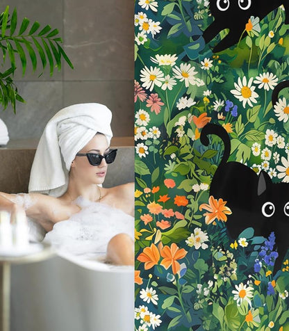 Shower Curtain for Bathroom Stall Boho Modern Cute Aesthetic Decorative Girly Waterproof Unique Cats Flowers Girls Chic Print Design Teen Pretty Women Cortinas de Baño Bathtub 72 x72 Inch
