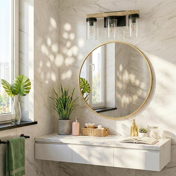Rustic Vintage Wall Sconce, Farmhouse Vanity Light, Bathroom Wood Wall Light Over Mirror with Seedy Glass Shade.(Pinewood, 3-Light)