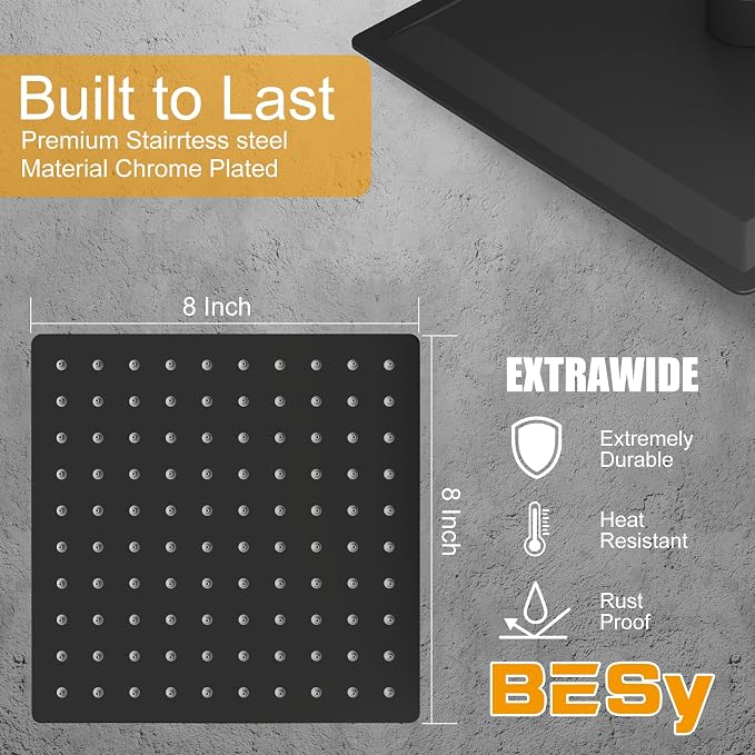 8 In Rain Shower Head High Pressure Rainfall Shower Head Matte Black | Square Rain Bathroom Showerhead, High Flow, Large Stainless Steel, Ceiling Mounted, Wall Mounted, Waterfall Full Body