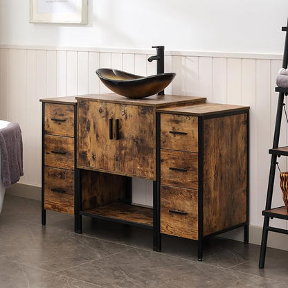 UEV 48" Rustic Brown Bathroom Vanity with Sink Combo,Industrial Iron Frame Bathroom Cabinet Sets with Double 3 Drawers Side Cabinet,Modern Champagne Boat Tempered Glass Vessel Sink(029CH)