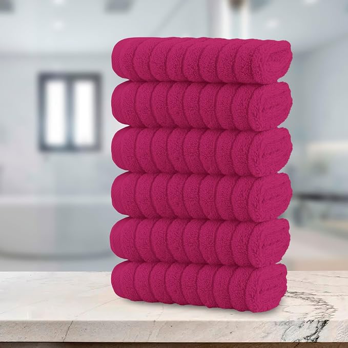Elegant Comfort 100% Turkish Cotton Corduroy Ribbed Luxury Washcloths 6 Pack Soft 13 x 13 Inch - Higly Absorbent, Durable, Quick Dry, Spa Premium Hotel Quality for Bathroom or Travel, Hot Pink