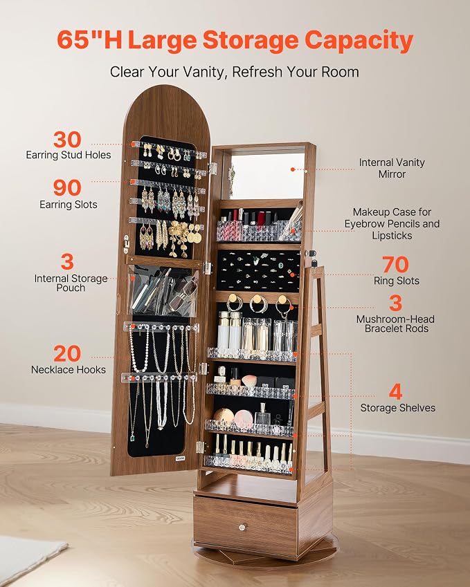 VEVOR 360° Swivel Jewelry Cabinet, 65.1-inch Tall, Full-Length Mirror with Storage, Standing Rotatable Jewelry Armoire Organizer, Lockable with 2 Keys, Accessory Pouches, Storage Shelves and Drawer