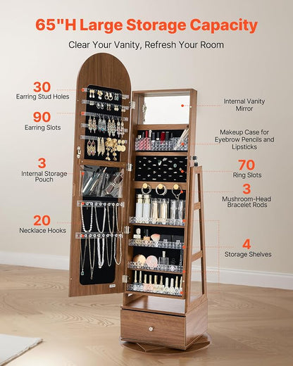 VEVOR 360° Swivel Jewelry Cabinet, 65.1-inch Tall, Full-Length Mirror with Storage, Standing Rotatable Jewelry Armoire Organizer, Lockable with 2 Keys, Accessory Pouches, Storage Shelves and Drawer