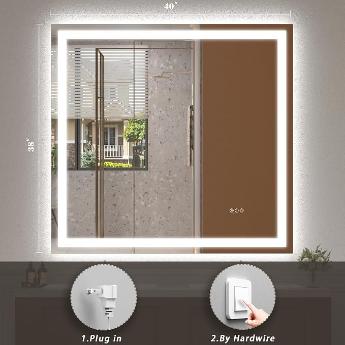40x38 LED Lighted Bathroom Mirror for Vanity Wall | Front Light and Backlit, Anti-Fog, Memory, 3 Color, Tempered Glass, Dimmable, Rectangular, UL, Horizontal/ Vertical Mounted