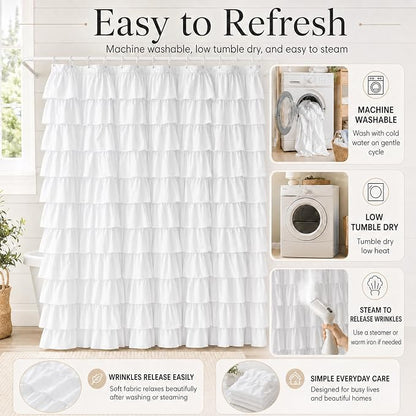 White Ruffle Shower Curtain for Bathroom, 72X84, Layered Ruffles Texture | Vintage Chic Farmhouse Style, 72 x 84 Inch, Soft Microfiber, 12 Hook Includ, Machine Washable Fabric, Affordable Luxury Feel