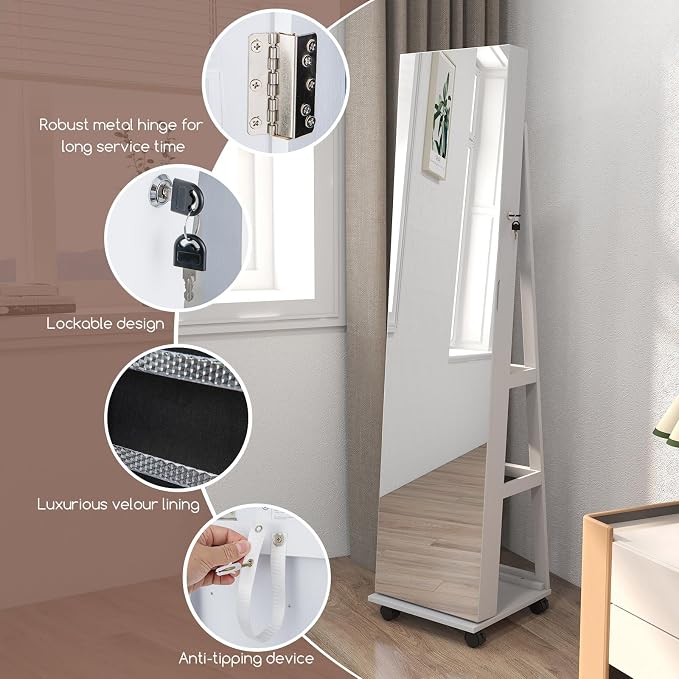 GOFLAME Jewelry Cabinet with Full Length Mirror, Lockable Jewelry Storage Organizer with Wheels, 3-Color LED Lights, Inner Mirror, Freestanding Jewelry Armoire with Rear Storage Shelves, White
