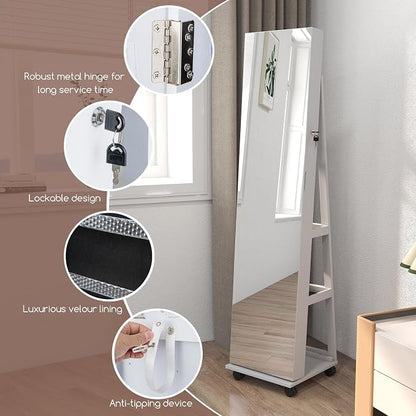 GOFLAME Jewelry Cabinet with Full Length Mirror, Lockable Jewelry Storage Organizer with Wheels, 3-Color LED Lights, Inner Mirror, Freestanding Jewelry Armoire with Rear Storage Shelves, White
