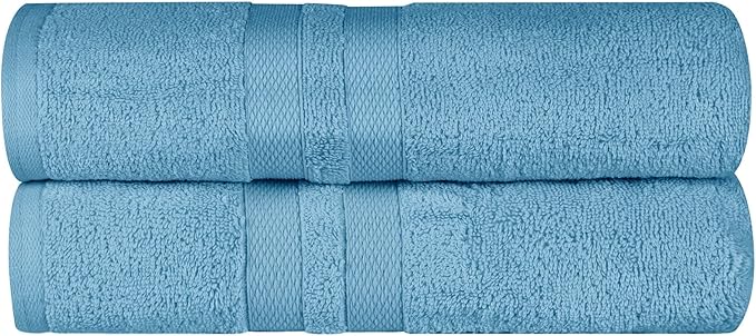 Superior Ultra-Soft Cotton Bath Towel Set, Quick-Dry, Absorbent, Shower, Spa Basics, Large Towels, Bathroom Sets, Bath Essentials, Solid, Double Line Dobby Border, 2 Pack, Set of 2, Denim Blue