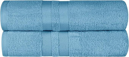 Superior Ultra-Soft Cotton Bath Towel Set, Quick-Dry, Absorbent, Shower, Spa Basics, Large Towels, Bathroom Sets, Bath Essentials, Solid, Double Line Dobby Border, 2 Pack, Set of 2, Denim Blue