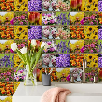 Alwayspon Vinyl Sticker Peel and Stick, Self-Adhesive Wall Tile Transfers Backsplash Sticker Decal for Kitchen Bathroom, 6x6inch/15x15cm 10Pcs, Flowers T039