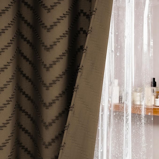 Dynamene Extra Long Shower Curtain and Liner Set - 84 inch Tall Boho Shower Curtain and Waterproof Clear Liner, Tufted Chevron Striped Tassel Shower Curtains for Bathroom, 12 Hooks, 72x84, Brown