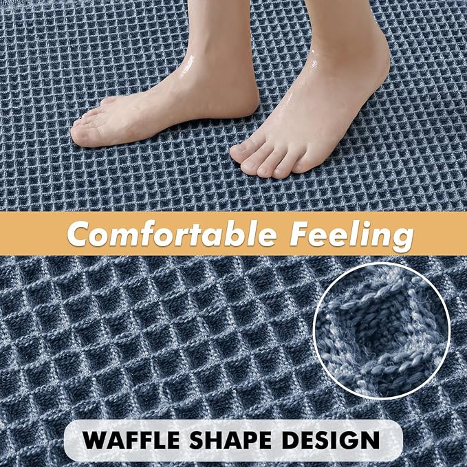 MIULEE Set of 2 Waffle Bathroom Rugs Boho Bath Mat Blue 18x30 Inch | Non Slip, Super Absorbent, Washable, Ultra Soft, Rubber Backed Bath Rugs for Bathroom Floor Tub Shower