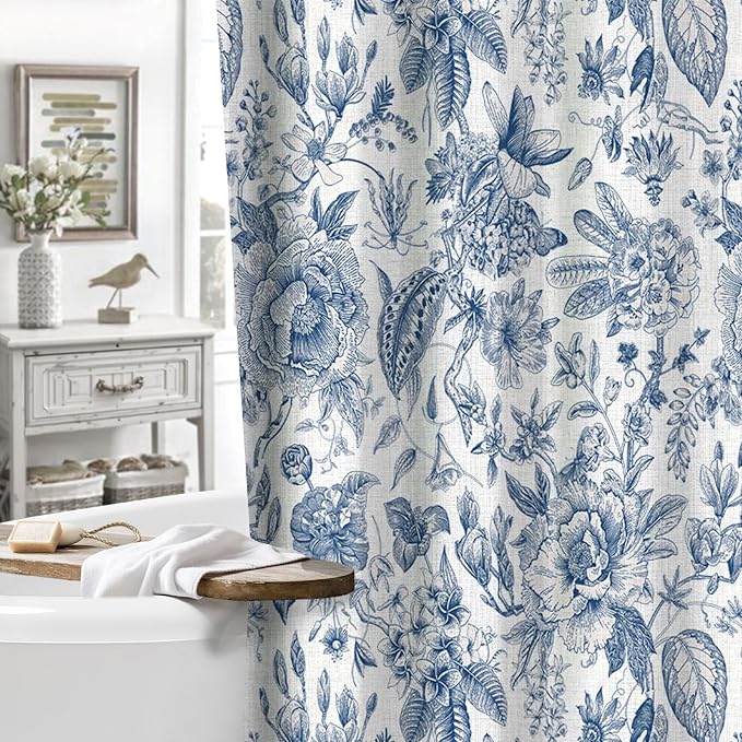MUGINYU Boho Blue Floral Cotton Shower Curtain for Bathroom - Rustic Farmhouse cottagecore Print Pattern Botanical Boho Shower Curtain Set Aesthetic Chinoiserie Vintage Bathroom Decor