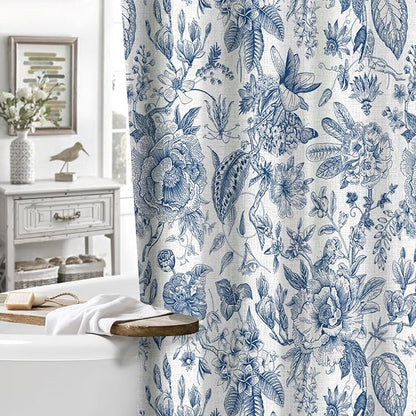 MUGINYU Boho Blue Floral Cotton Shower Curtain for Bathroom - Rustic Farmhouse cottagecore Print Pattern Botanical Boho Shower Curtain Set Aesthetic Chinoiserie Vintage Bathroom Decor