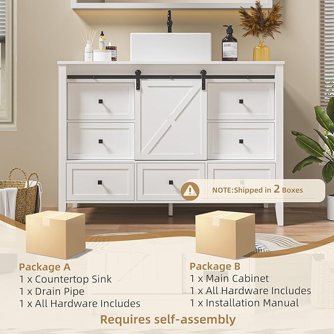 VNN Bathroom Vanity with Sink - 48 Inch Bathroom Vanity with Sink Ceramic, Freestanding Cabinet with Farmhouse Sliding Barn Door and 7 Drawers, Space-Saving Storage Cabinet, Wood Grain Texture, White
