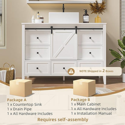 VNN Bathroom Vanity with Sink - 48 Inch Bathroom Vanity with Sink Ceramic, Freestanding Cabinet with Farmhouse Sliding Barn Door and 7 Drawers, Space-Saving Storage Cabinet, Wood Grain Texture, White