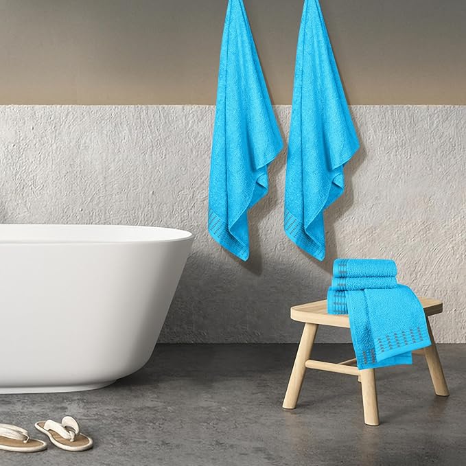 Ultra Soft 6 Pack Cotton Towel Set, Contains 2 Bath Towels 28x55 inch, 2 Hand Towels 16x24 inch & 2 Wash Cloths 12x12 inch, Ideal Everyday use, Compact & Lightweight - Turquoise Blue