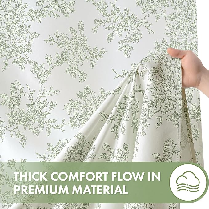 Spring Extra Long Sage Green Floral Shower Curtain W72*L90 Inches | Linen Textured Fabric, 12 Rustproof Metal Hooks, Wrinkle Resistant Cloth, Machine Washable, Bathroom Decor for Cottage Core