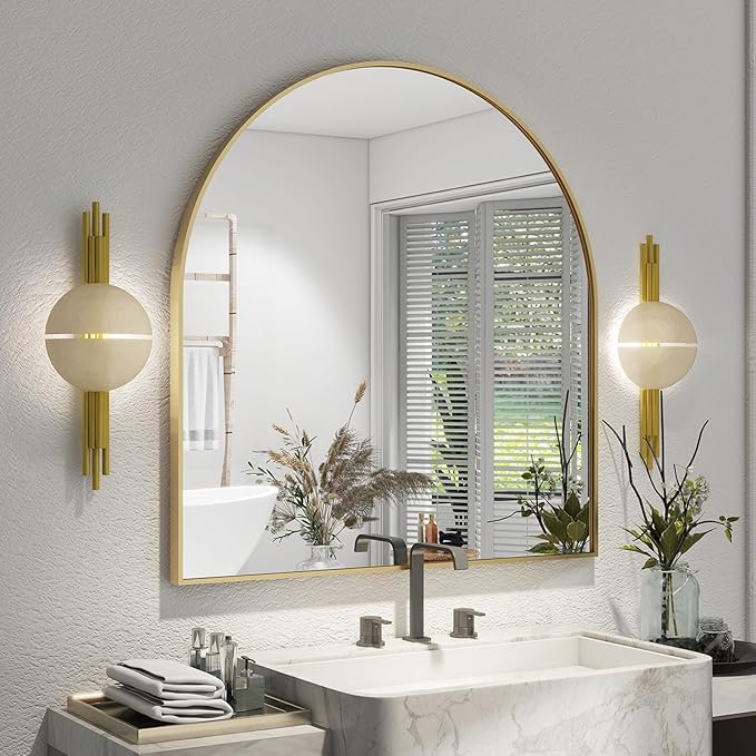 XRAMFY Arched Bathroom Mirror 32" x 34" for Bathroom Vanity Mirror or Wall Decor Gold Arch Mirror Aluminum Alloy Frame Wall Mounted Mirror for Living Room Bedroom Entryway
