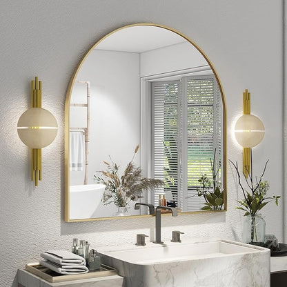 XRAMFY Arched Bathroom Mirror 32" x 34" for Bathroom Vanity Mirror or Wall Decor Gold Arch Mirror Aluminum Alloy Frame Wall Mounted Mirror for Living Room Bedroom Entryway