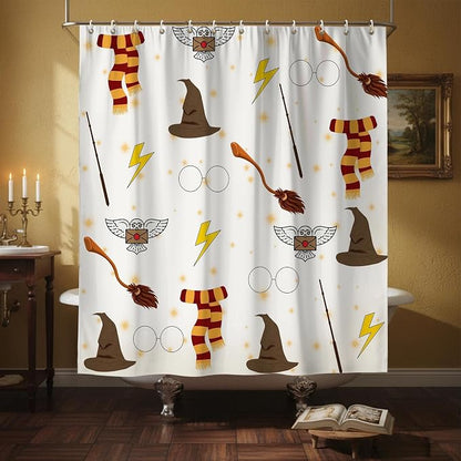 Witchy Preppy Wizard Magic Shower Curtain Kids Fantasy Set 72x72 Inches | Wizard Hat Broom Owl Scarf Magic Print, Kids Bedroom Dorm Guest Housewarming Fantasy Lover Bath Decor, With Hooks