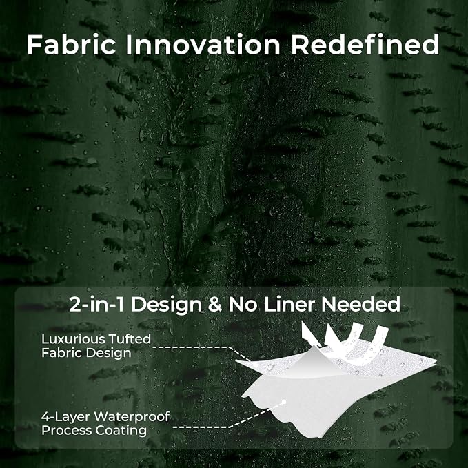 Dark Green Boho Shower Curtain 72 x 72 Inches Woven Fabric Shower Curtain Tufted Chervon Textured Shower Curtains Modern Minimalist Shower Curtains for Bathroom