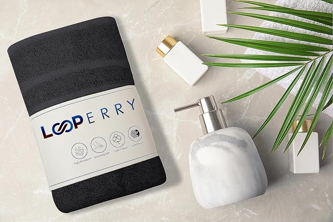 Looperry 6 Pack Small Bath Towel Set - 100% Cotton 23x46 Shower Towels in 450 GSM. Lightweight & Absorbent Quick Dry Gym Towel for Showering, Pet Drying, Spas & Salons. Terry Ringspun Towels (Black)