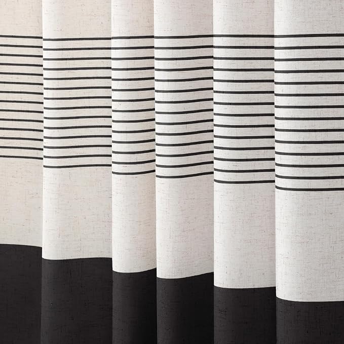 Black Boho Linen Striped Shower Curtain with Tassel 72" W X 72" L | Boho Farmhouse Shower Curtains with Linen Texture for Bathroom Decor