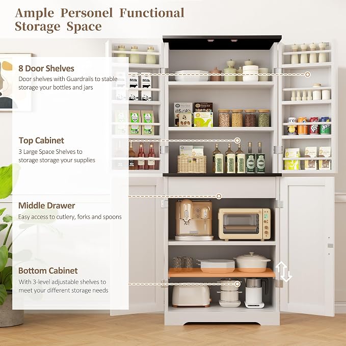 Shintenchi Kitchen Pantry Cabinet, Farmhouse Tall Cupboard Storage, White | Freestanding, with 8 Door Shelves, 2 Cabinets and 1 Drawer, for Kitchen, Living Room, Dining Room and Bathroom