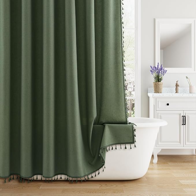 Olive Green Boho Linen Shower Curtain for Bathroom Luxury Fancy Modern Rustic Fabric Shower Curtain Set with Hooks Farmhouse Hotel Style Bath Accessories Decor Water Repellent 72x72