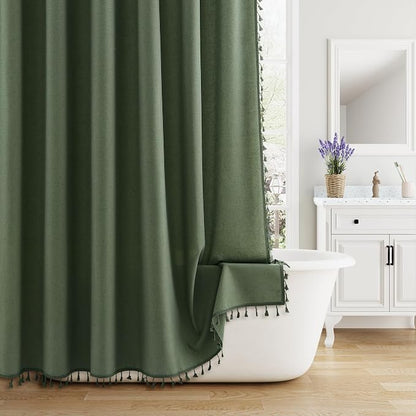 Olive Green Boho Linen Shower Curtain for Bathroom Luxury Fancy Modern Rustic Fabric Shower Curtain Set with Hooks Farmhouse Hotel Style Bath Accessories Decor Water Repellent 72x72