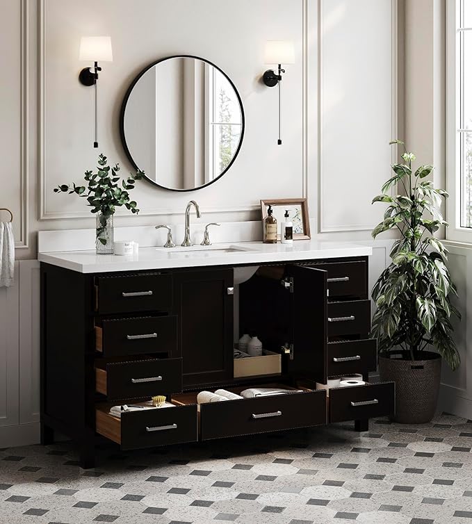 ARIEL Cambridge 60-inch Bathroom Vanity with Sink,Solid Wood, 1.5-inch Pure White Quartz Countertop, Single Rectangular Porcelain Sink, 2 Soft Closing Doors, 9 Dovetail Drawers, Espresso