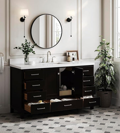 ARIEL Cambridge 60-inch Bathroom Vanity with Sink,Solid Wood, 1.5-inch Pure White Quartz Countertop, Single Rectangular Porcelain Sink, 2 Soft Closing Doors, 9 Dovetail Drawers, Espresso
