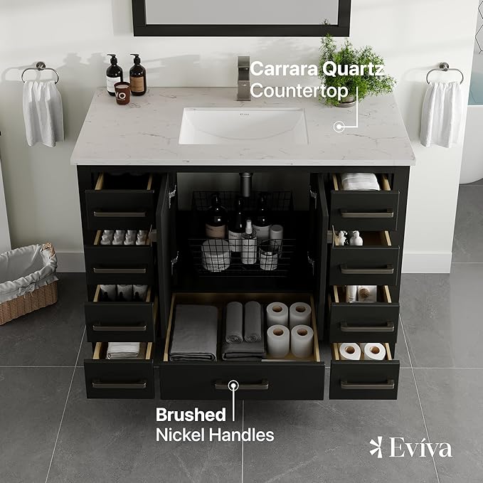 Eviva London 42 Inch Vanity with Top – 42 Bathroom Vanity with Sink and Countertop, Espresso 42 in Bathroom Sink Cabinet with Quartz Countertop and Porcelain Single Sink for Modern Vanity Bathroom