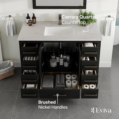 Eviva London 42 Inch Vanity with Top – 42 Bathroom Vanity with Sink and Countertop, Espresso 42 in Bathroom Sink Cabinet with Quartz Countertop and Porcelain Single Sink for Modern Vanity Bathroom