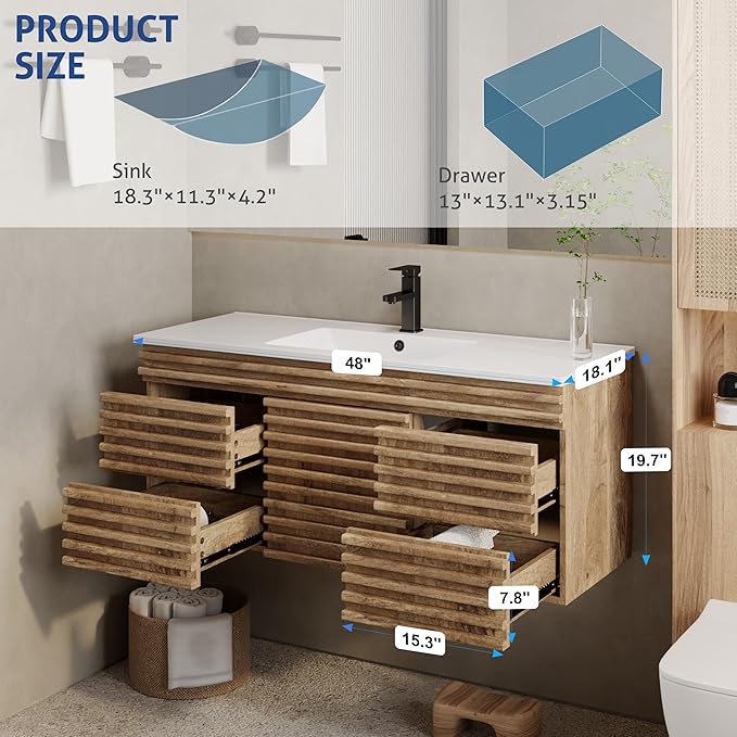 eclife 48" Floating Bathroom Vanity with Sink Combo Mid-Century Wall Mounted Cabinet with Wood Stripes Decor, Drawers, Undermount Single Sink, Faucet, Drain, Light Walnut