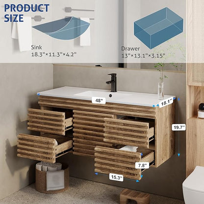 eclife 48" Floating Bathroom Vanity with Sink Combo Mid-Century Wall Mounted Cabinet with Wood Stripes Decor, Drawers, Undermount Single Sink, Faucet, Drain, Light Walnut