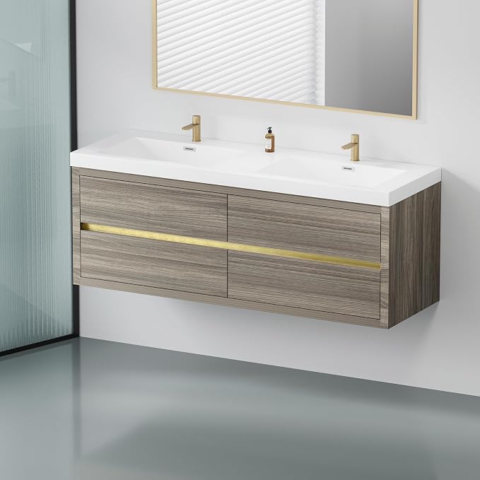 60" Floating Bathroom Vanity with Double Sinks, Wall-Mounted Bathroom Storage Vanity Cabinet with Resin Top Basin and Soft Close Drawers, Fully Assembled, Ash Grey