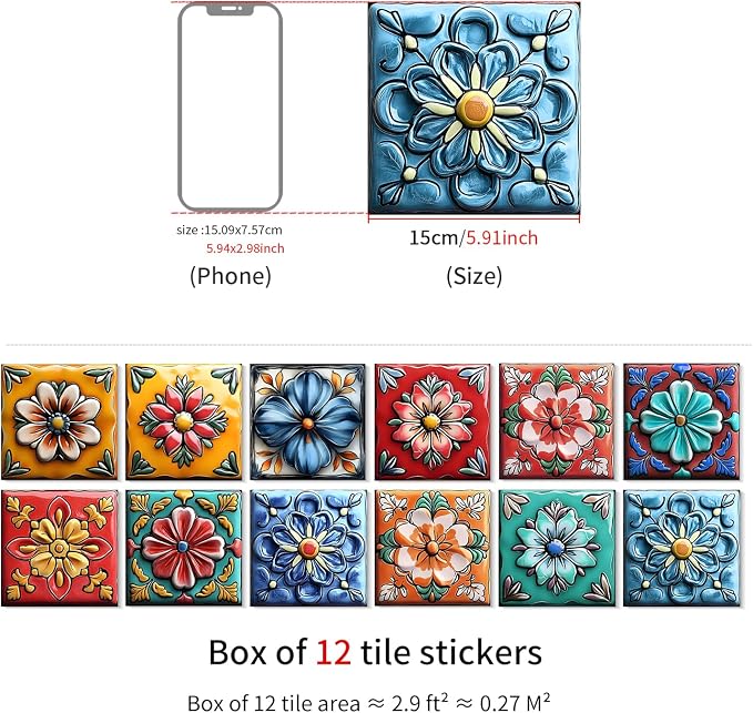 Tile Decals with Vibrant Flower Designs, 6X6IN-12 Pcs | 1.6mm-Thick FOAM+PE Tiles,Strong Adhesive, Waterproof Sticker Decals for Kitchen,Bathroom,Cabinets