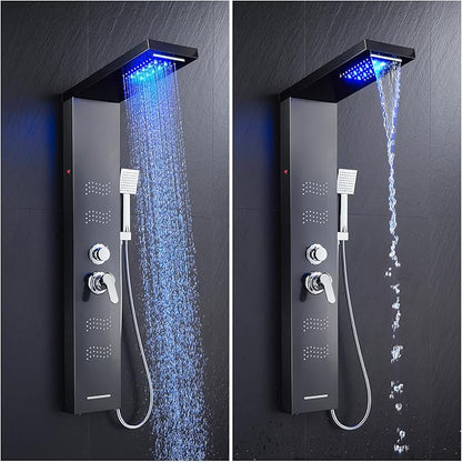 Stainless Steel Shower Panel Tower System with LED Lights, 5 in 1 Shower Panel with Rainfall Waterfall Shower Head, Body Spray, Handheld Shower, Tub Spout (Black)