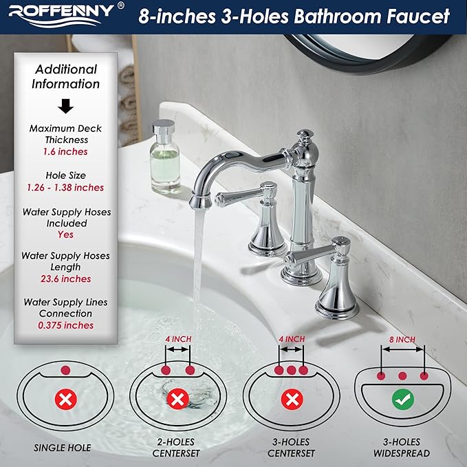 Polished Chrome Bathroom Faucet 8 inch Widespread for 3 Holes, with 2 x 23.6 inch Water Supply Lines and Plastic Pop-Up Drain, Classic 2-Handle Bathroom Vanity Sink Faucet, 360° Swivel Spout