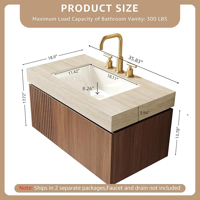 36” Floating Bathroom Vanity with Sink, Wall-Mounted Cabinet with Drawer & Doors, Roma Travertine-Pattern Countertop, Undermount Basin, 3 Faucet Hole, Soft-Close, Pre-Assembled, Brown Oak