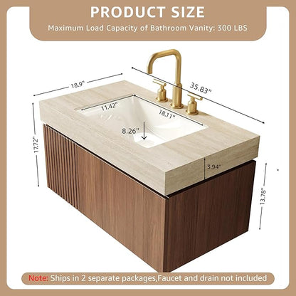 36” Floating Bathroom Vanity with Sink, Wall-Mounted Cabinet with Drawer & Doors, Roma Travertine-Pattern Countertop, Undermount Basin, 3 Faucet Hole, Soft-Close, Pre-Assembled, Brown Oak