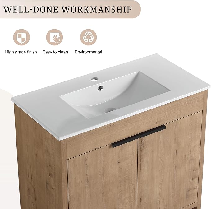 SSLine 36-Inch Bathroom Vanity with Sink Mid-Century Bathroom Vanities with Top Basin Floor Wood Bathroom Sink Cabinet with Soft-Close Doors & Adjustable Storage Shelves (Natural Brown)