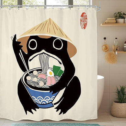 LGhtyro Long Funny Frog Shower Curtain Bathroom Set 71Wx78H Inches Asian Traditional Retro Vintage Cute Noodles Strawhat Men Bath Accessories Japanese Style Animal Art Home Decor Fabric 12 Pack Hooks