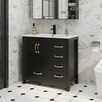 eclife 36" Bathroom Vanities with Sink Combo, Modern Thickened Wood Bathroom Storage Cabinet w/Undermount Sink, Matte Black Faucet Drain, Painted Surface, Black