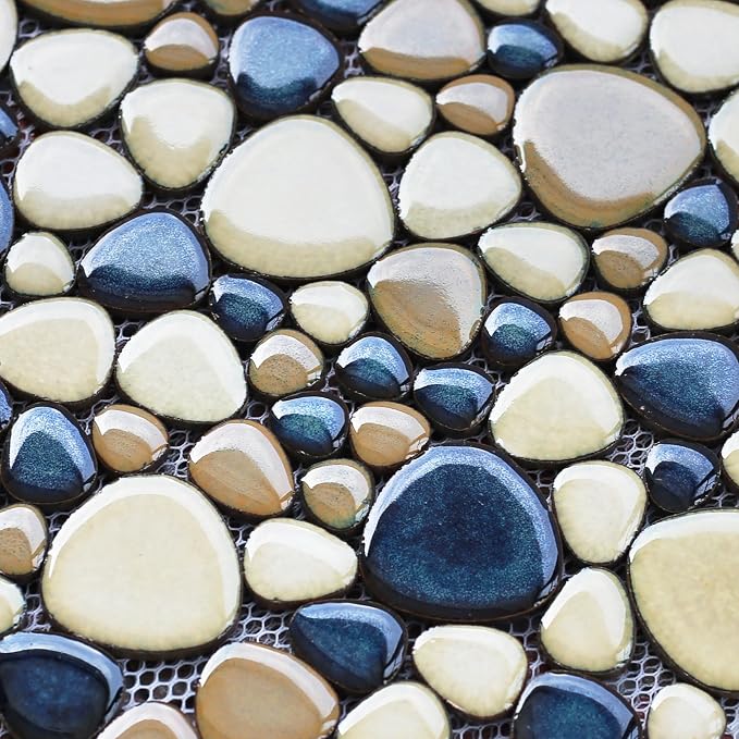 Pebble Tile for Shower Floor Brown Blue Pebbles Mosaic Tiles for Bathroom Floor [Set of 5 Sheets]